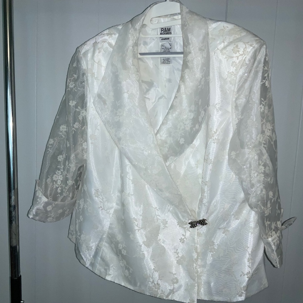 R&M Richards floral flocked blouse Sz 22W sheer 3/4 sleeve rhinestone clasp vtg